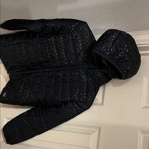 GAP Black Puffer Hooded Jacket with Multicolor Heart Dots